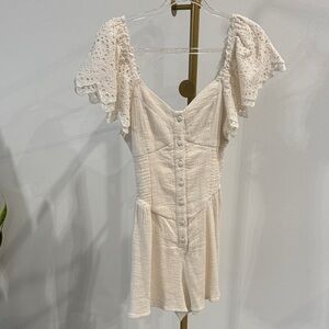 Eyelet Sleeve Button-Front Cream Mini Romper